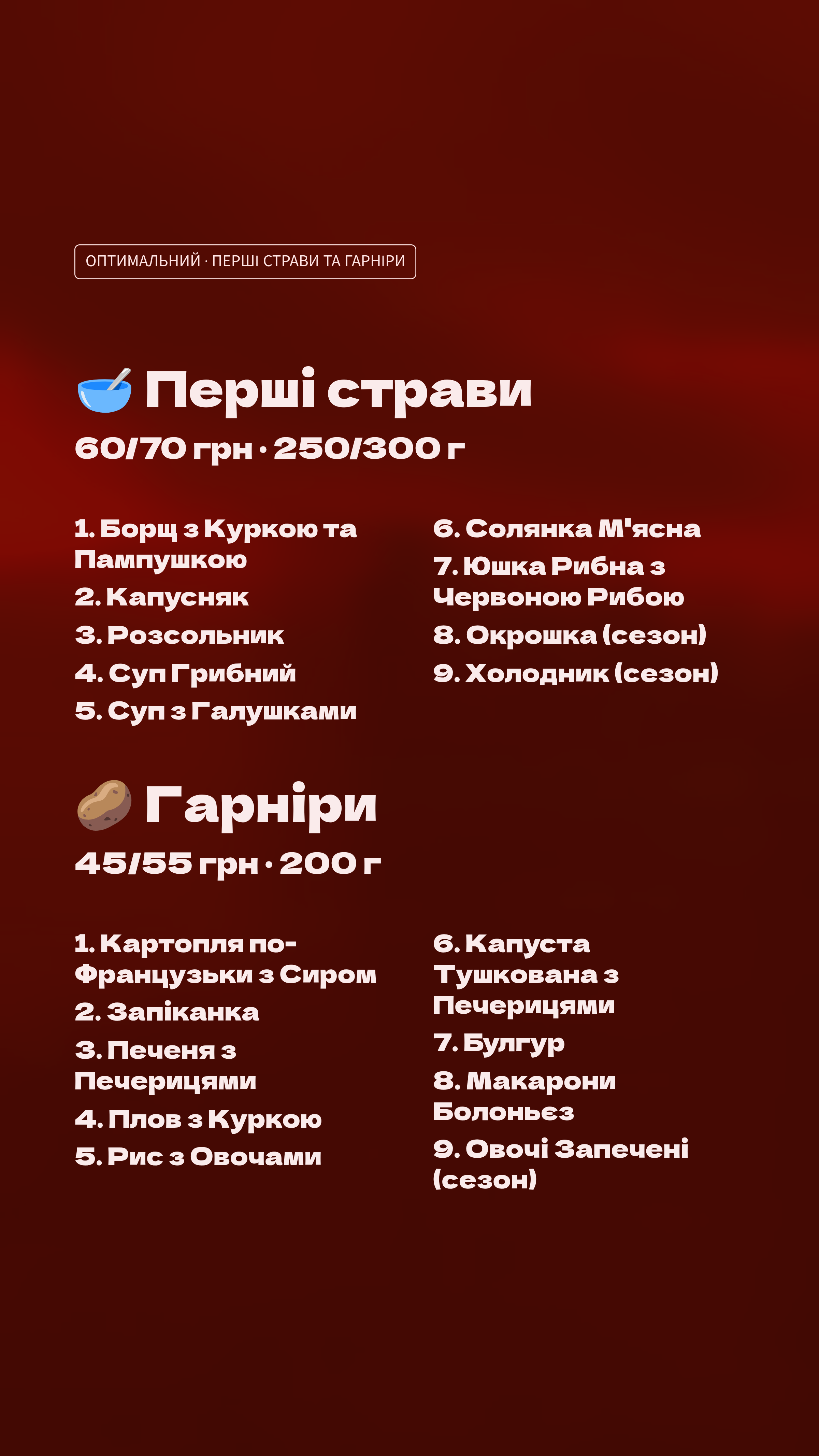 Перші страви і гарніри (оптимальне)